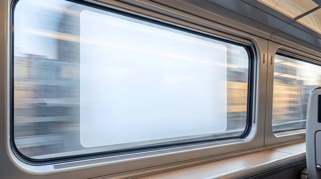 Interior view of modern train window with blank digital screen representing dynamic content and connectivity, copy space provided.
