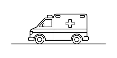 Simple line art icon of an ambulance vehicle on a flat ground line © CHTRO