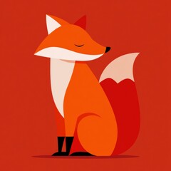Naklejka premium A fox sitting quietly against a red background. The fox has clean lines and uses a simple style.