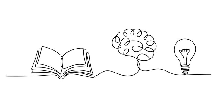 Continuous line drawing of an open book human brain and a bright light bulb