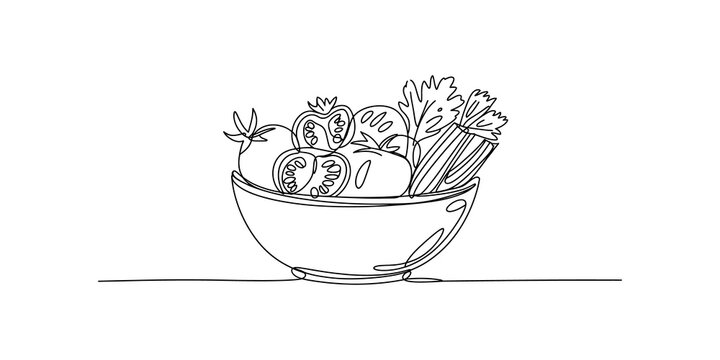 Fresh salad in a bowl hand drawn line art illustration