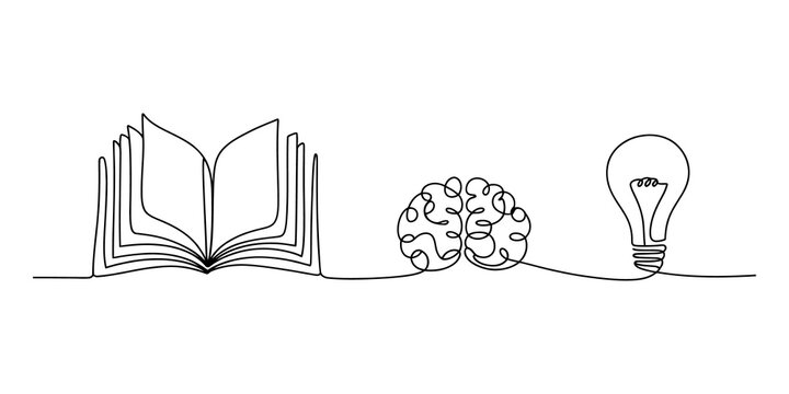 Continuous line drawing of an open book human brain and a bright light bulb