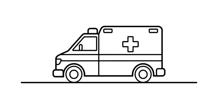 Simple line art icon of an ambulance vehicle on a flat ground line