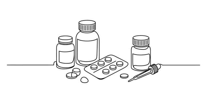 Continuous line drawing of medicine bottles and pills for healthcare design