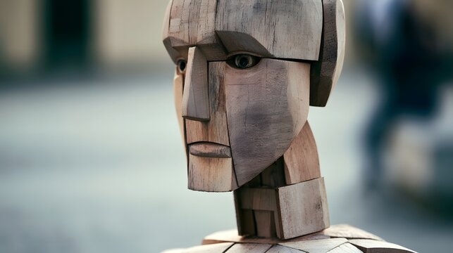 A stylized wooden head sculpture with geometric facial features and a segmented neck  captured in sharp focus against a blurred urban background