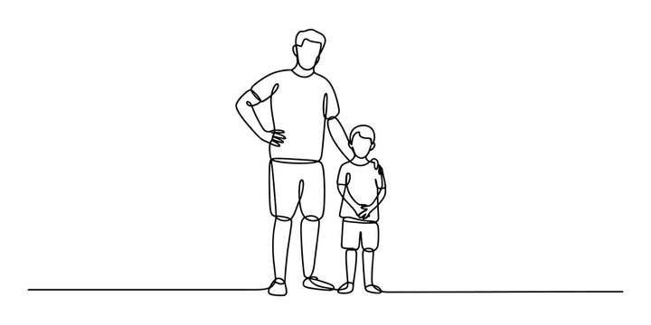 Continuous line drawing of a father and his son standing together