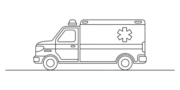 Simple line art icon of an ambulance vehicle on a flat ground line