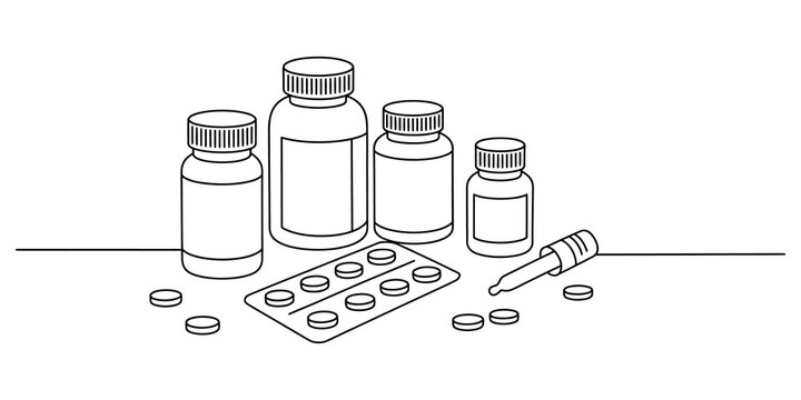 Continuous line drawing of medicine bottles and pills for healthcare design