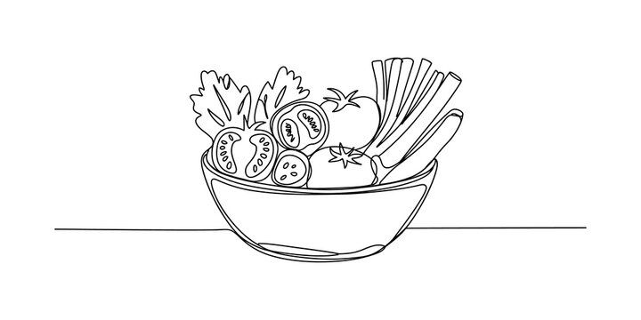 Fresh salad in a bowl hand drawn line art illustration