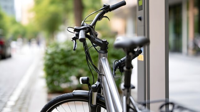 A modern bicycle parked at a charging station on a city sidewalk with greenery and blurred urban background