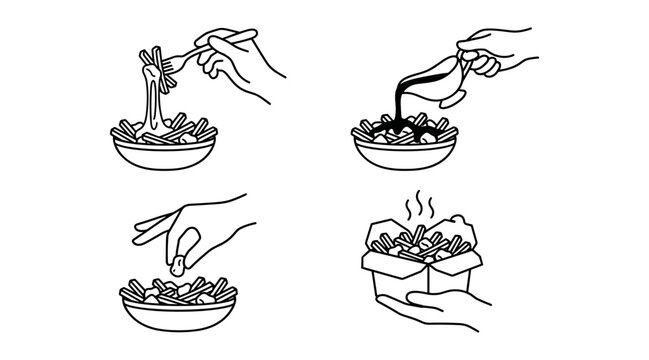 Poutine Cooking and Eating Line Art Icon Set Showing Hands Pulling Melty Cheese Curds Pouring Gravy Adding Topping and Holding Takeout Box