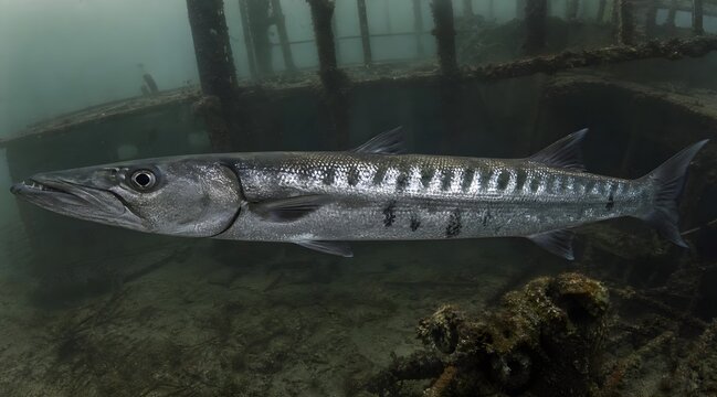 Barracuda, fish and shipwreck in ocean with underwater, marine life and predator swimming. Sea creature, scuba diving and adventure in deep water with rusted wreck, aquatic and wild animal nature foc