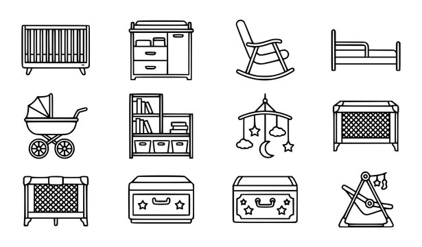 Baby Nursery Furniture and Room Decor Line Icon Set Featuring Crib Changing Table Rocking Chair Stroller Mobile Toy Box and Playpen Childhood Interior Design Symbols