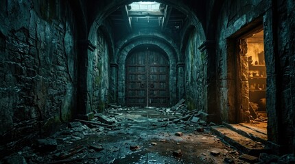 Naklejka premium A dark and mysterious stone corridor inside an old abandoned castle perfect for a spooky halloween themed background design project