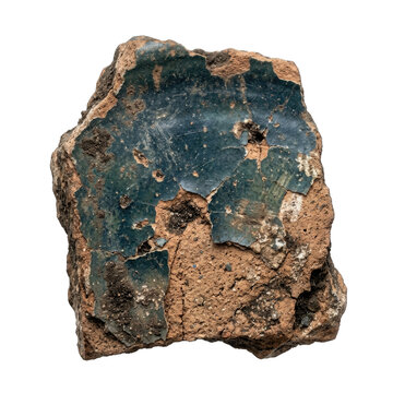 Raw unpolished petrified wood slice with dark blue mineral inclusions and rough texture