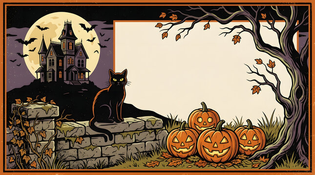 Halloween spooky night scene with haunted mansion, black cat, and jack-o-lanterns under full moon.