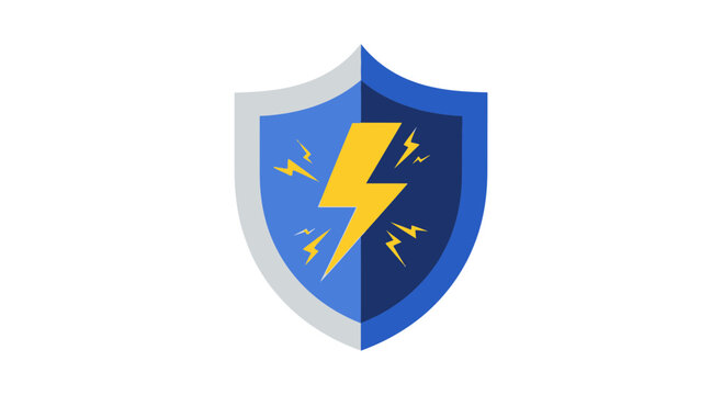 Blue Shield with Yellow Lightning Bolt Icon Representing Power Security, Surge Protection, and Electrical Safety on White Background