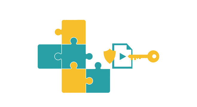 Secure Digital File Access and Data Protection Concept Illustration with Puzzle Pieces, Shield, and Key