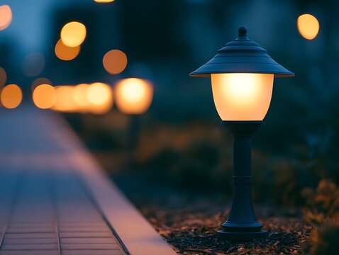 Evening Pathway Lighted By Lamp
