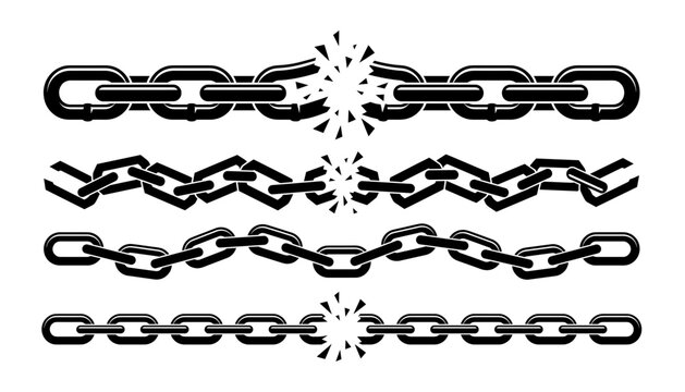 Broken metal chain link vector silhouette set. Connection explosion, freedom concept, steel boundary, prison escape, liberation from slavery and strong industrial restraint elements.