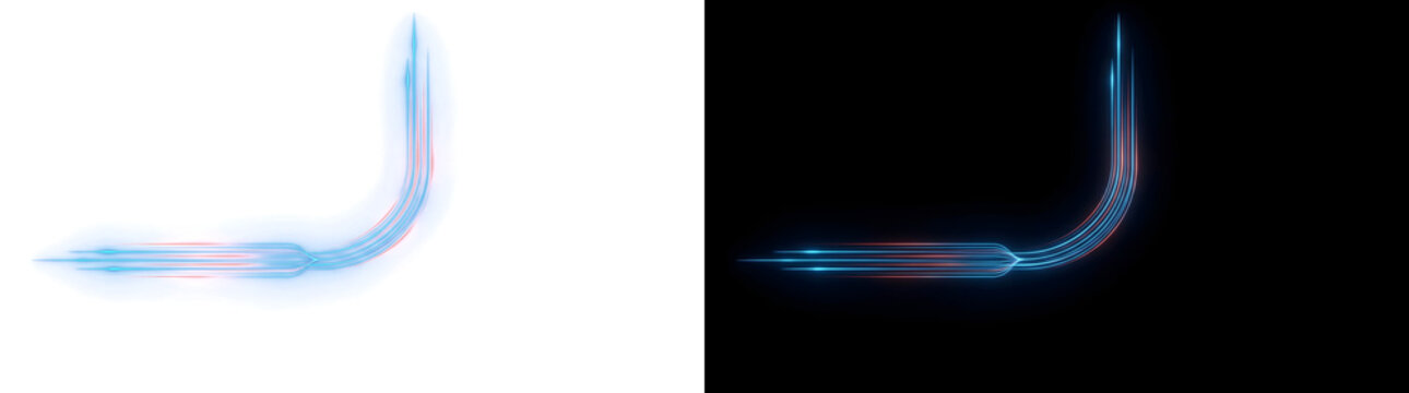 Light bend blue neon lines converging horizontally before rising upward for technology backgrounds in PNG, Transparent and Black Background Versions