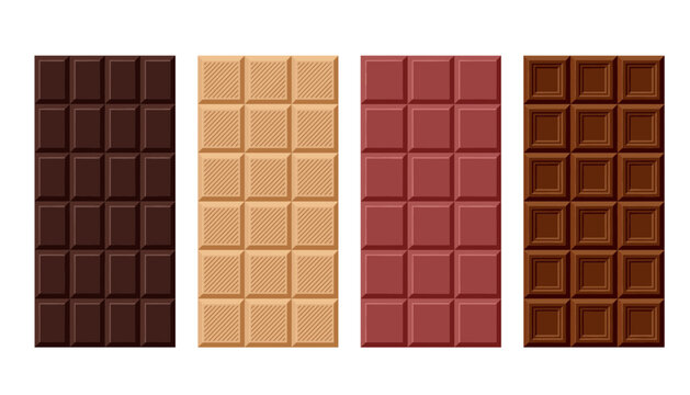 Chocolate bars collection with dark, milk, white and ruby blocks. Sweet cocoa confectionery, dessert chunks, candy factory grid, delicious treats and baking ingredient elements.
