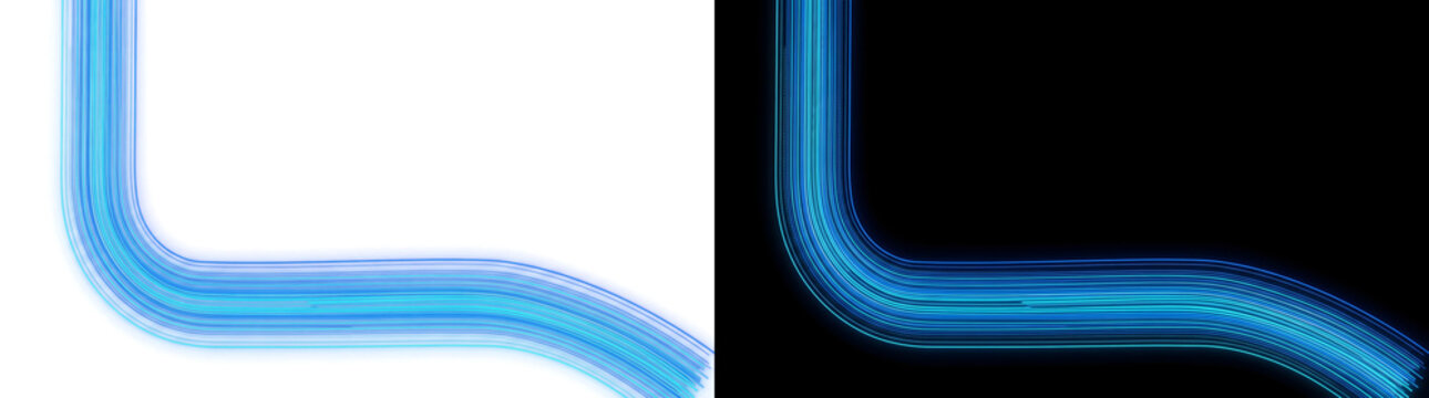 Light bend blue neon lines turning smoothly into an L shaped path for technology backgrounds in PNG, Transparent and Black Background Versions