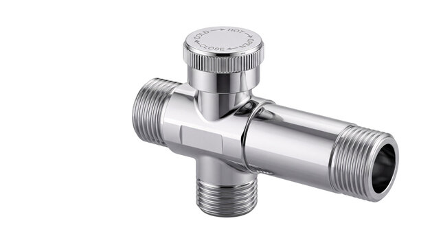 Chrome plated t-shaped plumbing valve with isolated on png transparent background