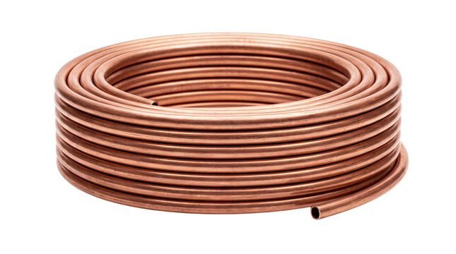 Coil of copper tubing for plumbing and hvac isolated on png transparent background
