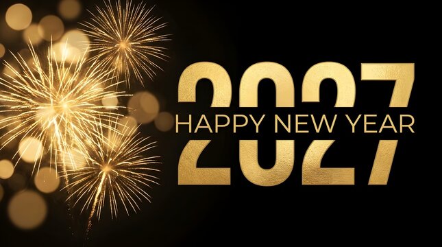 Happy New Year 2027 greeting card with golden glitter numbers and festive fireworks display.