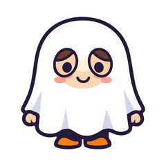 Cute cartoon ghost character with white sheet and small orange feet standing smiling isolated on clean white background for halloween children's party design projects.