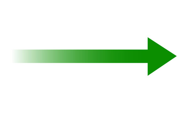 Green gradient arrow pointing right with fading tail effect for indicating progress direction navigational flow and growth visualization in professional business infographics and website interfaces.