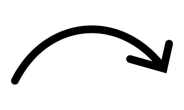 Curved black arrow icon featuring hand drawn aesthetic for indicating downward movement cycle steps and directional transitions in educational presentations and creative storytelling graphics.
