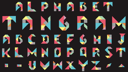 Fototapeta premium Alphabet tangram puzzle set featuring an imaginative, elegant, and soft color palette; isolated on a black background; vector.