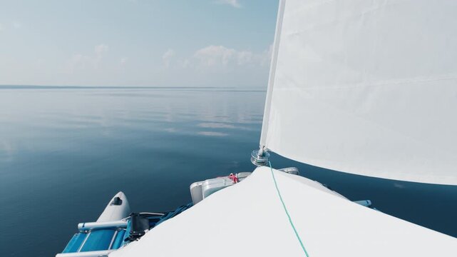 Sailing boat moves on the calm lake