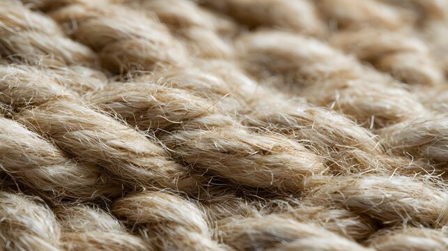 Close up of textured woven rope made from light brown natural fibers showing detailed surface and soft shadows