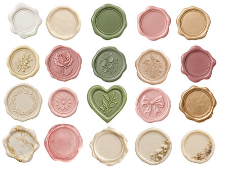 Wedding Wax Seal Collection with Floral, Bow and Botanical Designs Isolated on Transparent Background