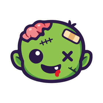 Adorable cartoon zombie head with green skin and band-aid, showing one eye open and stitches, perfect for halloween themes, spooky party decorations, and monster related designs.