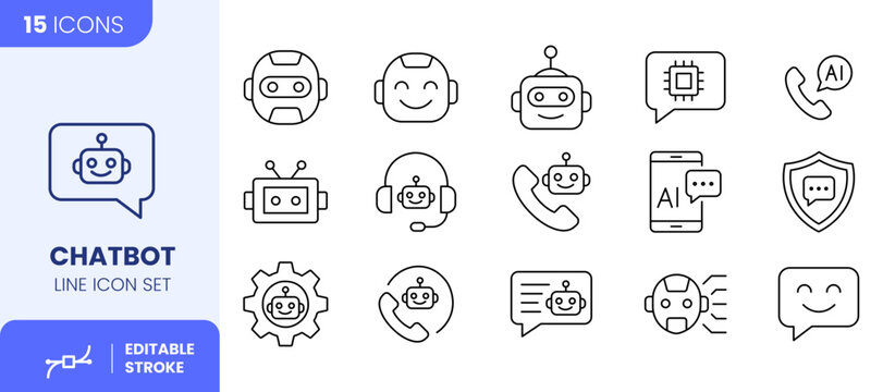 Chatbot Line Icon Set, Artificial Intelligence and Conversational Assistant Symbols Vector Illustration