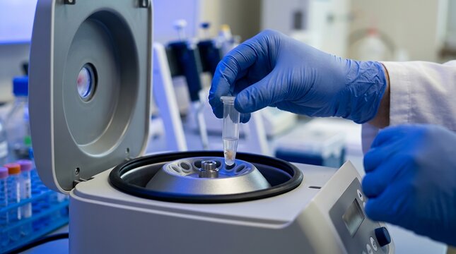Scientist using a microcentrifuge in a lab. Researcher performing DNA extraction analysis.