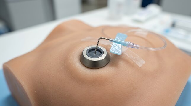 Implantable chemo port with huber needle. Medical device for oncology vascular access.