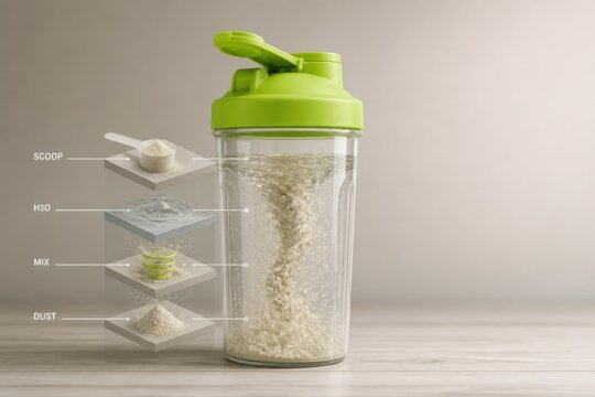 Protein shaker bottle with powder mixing water concept on tabletop