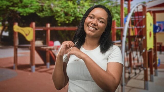 Young african american woman in white t shirt smiling and clasping hands near playground equipment at a park; joy wellbeing.
