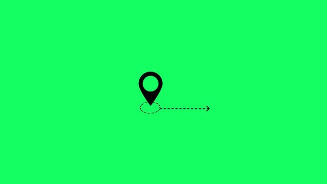 Minimal map location pin animation with dotted path line on green background. Travel concept icon with map pin. Location pin and dotted line path destination for travel and logistics navigation