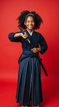 侍の格好をして刀を持っている黒人の女の子