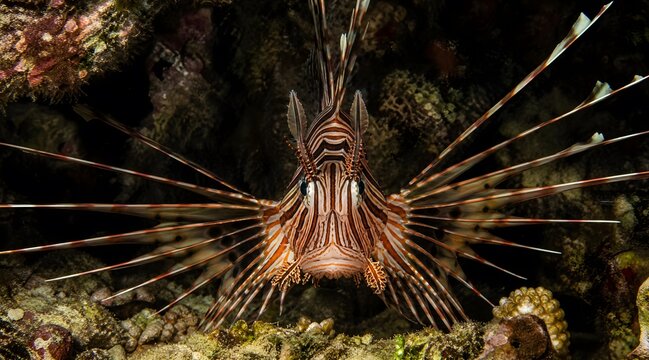 Lionfish, underwater and venomous fish in coral reef for marine life photography, scuba diving and ocean education. Striped predator, spines and sea life with nature, biodiversity and ecology conserv