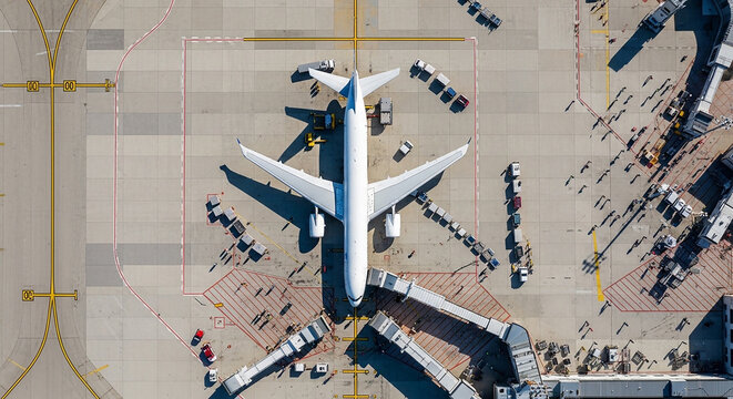 Top view of a large passenger airplane parked at the airport terminal gate area