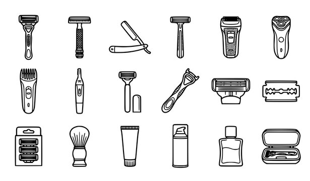 Modern Razor Shaving Equipment Grooming Editable Outline Vector Icons