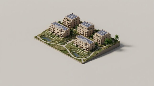Un render 3d de desarrollo inmobiliario moderno con edificios residenciales ecol&oacute;gicos