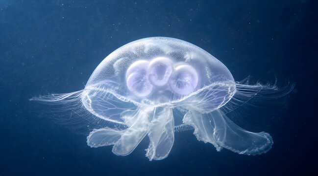 Jellyfish, moon jelly and floating in ocean with deep blue water, marine life and underwater world. Sea creature, transparent and swimming in dark sea with nature, wildlife and biology discovery for 